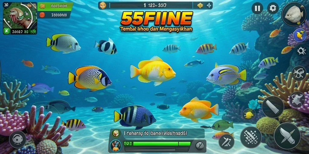 Tampilan gameplay 55FIVE yang menampilkan aksi Tembak Ikan yang seru.
