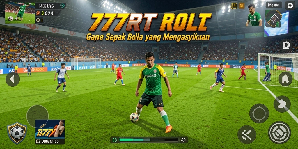 Screenshot game 777RT menampilkan aksi seru sepak bola di lapangan.