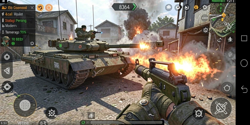 Screenshot permainan 8364 menampilkan peperangan taktis di arena.