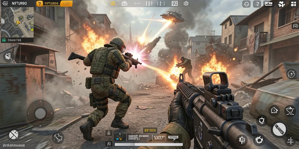 Tangkapan layar gameplay N9TURBO yang menunjukkan pertempuran seru.