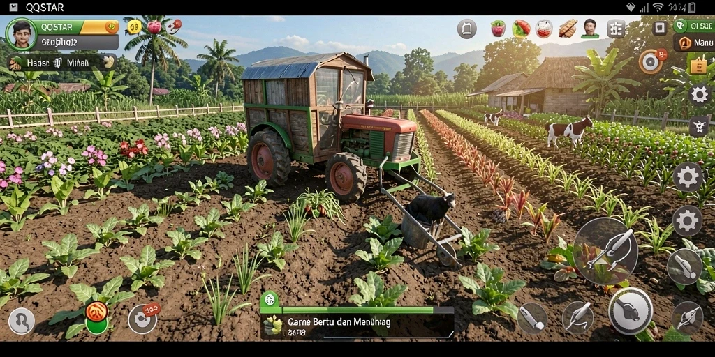 Gameplay <strong>QQSTAR</strong> yang menawan dengan ladang yang subur dan penuh warna.