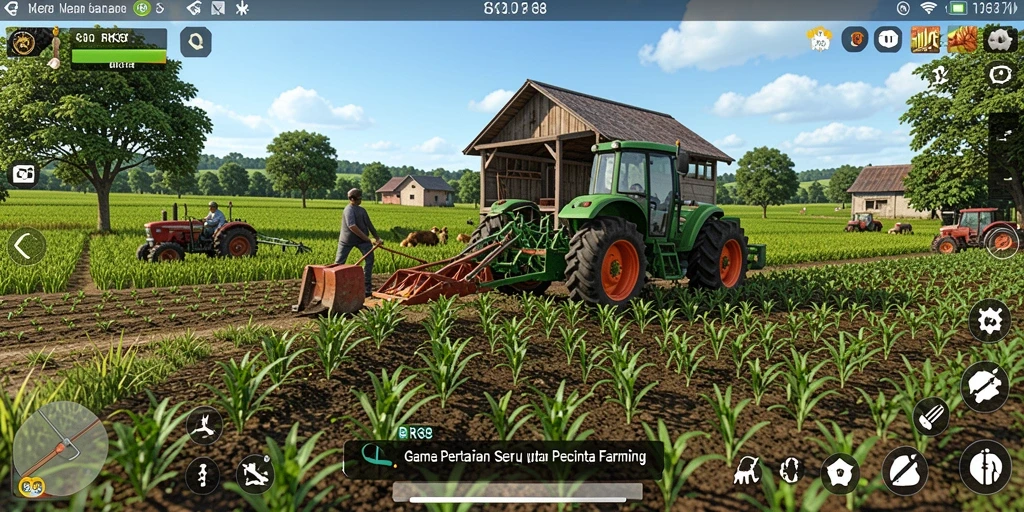 Screenshot gameplay RK88 menampilkan ladang yang subur dan hewan ternak yang bahagia.