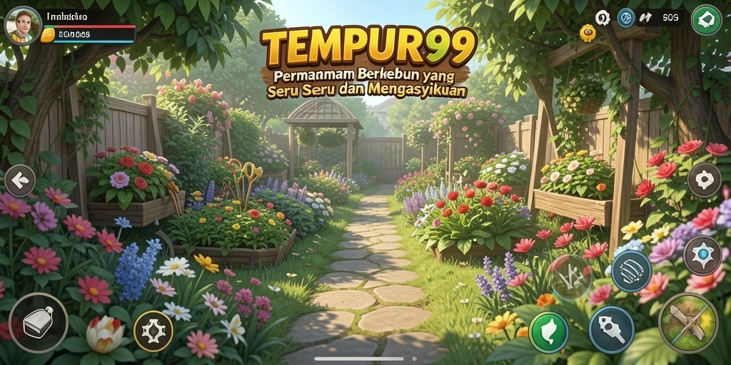 Screenshot utama TEMPUR99 menampilkan aktivitas bertani yang seru dan beragam.