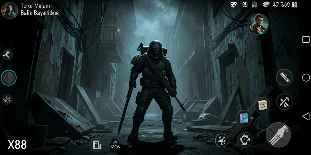 Screenshot X88 menampilkan suasana horor yang mencekam dan gameplay yang menegangkan.